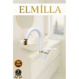 Elmilla Beyaz Gold Banyo Lavabo Musluğu Bataryası Baston Borulu Lüx Tasarım Çif Su Giriş Oynar Başlıklı