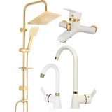 Elmina Armatür Gold Altın Kare Robot Seti, Beyaz Gold Banyo, Lavabo, Mutfak Bataryası Musluğu Çeşmesi 4'lü Set - Montaj Dahil Değil