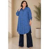 Eloje Kadın Belur Büyük Beden Serpme Nakışlı Keten Mavi Düğmeli Tunik