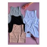 Elosia Kare Yaka, 4'lü Pamuklu Astarlı, Pudra, Mavi, Siyah ve Beyaz Kolsuz Kadın T-shirt Bluz