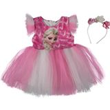 Elsa Baskılı Kız Elbise 1/4 yaş - Fuşya