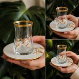 Elta Collection 6 Kişilik Gold Detaylı Cam Çay Bardağı ve Porselen Tabak Seti Lüks Tasarım Sunumluk - lüks çiçekli, - Altın - Beyaz