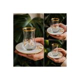 Elta Collection 6 Kişilik Gold Detaylı Cam Çay Bardağı ve Porselen Tabak Seti Lüks Tasarım Sunumluk