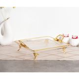 Elta Collection Paşabahçe Kristal Metal Ayaklı Yaldızlı Kare Pasta Sunumluk Tepsi