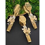 Elta Collection Paslanmaz Çelik Servis Seti Salata Maşası Pasta Küreği Kepçe Servis Kaşığı Çatalı Gold & Çiçek Desenli - gold 3 parça