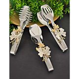 Elta Collection Paslanmaz Çelik Servis Seti Salata Maşası Pasta Küreği Kepçe Servis Kaşığı Çatalı Gold & Çiçek Desenli - gümüş 3 parça