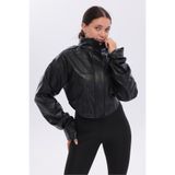 ELUVIA FASHION Yeni Sezon Kadın Crop Deri Ceket, Korseli Biker Günlük Suni Deri Ceket, Cool Kol