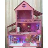 Elux LED Işıklı Ahşap Oyun Evi 76CM x 57CM x 25CM Büyük Boy Açık Pembe 34 Parça Eğitici Oyuncak