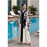 ELVA MODA Otantik Desenli Atlas Kumaş Boydan Düğmeli Kuşak Kemerli Kadın Elbise
