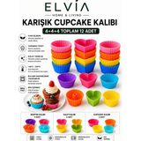 Elvia Home & Living Silikon Karışık Mini Kek Kalıbı, Muffin + Kalp + Cupcake Kalıbı, Tekrar Kullanılabilir-12 Adet