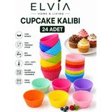 Elvia Home & Living Silikon Mini Kek Kalıbı, Cupcake Kalıbı, Tekrar Kullanılabilir, Yapışmaz-24 Adet