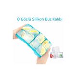 ELVIA SİLİKON 8 Bölmeli Silikon Buz Kalıbı, Büyük XL Boy Küp Buzlar, Kokteyl Sunum Buz Kalıbı, Et Suyu Saklama