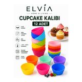 ELVIA SİLİKON Silikon Mini Kek Kalıbı, Cupcake Kalıbı, Tekrar Kullanılabilir, Yapışmaz-12 Adet