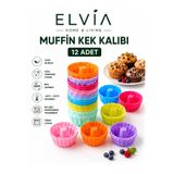 ELVIA SİLİKON Silikon Mini Kek Kalıbı, Muffin Kalıbı, Tekrar Kullanılabilir, Yapışmaz-12 Adet