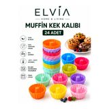 ELVIA SİLİKON Silikon Mini Kek Kalıbı, Muffın Kalıbı, Tekrar Kullanılabilir, Yapışmaz-24 Adet