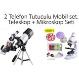 Elvinsa Mobil Telefon Tutuculu Teleskop Alana + Işıklı Aksesuarlı Mobil 1200X Mikroskop Seti ve 12 Li Örnek Seti Hediye(Uzay Gezegen Ay Yıldız Doğa Gözlem Teleskobu 150X)+ 2 Telefon Tutucu Dahildir