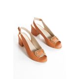 elvinshoes Blush Hakiki Deri Taba Toka Burnu Açık Bantlı Şık Klasik Topuklu Ayakkabı