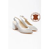 elvinshoes Hakiki Deri Kadın Beyaz Arkası Açık Sivri Burun Lazer Işleme Kalın Topuk Klasık Topuklu Ayakkabı