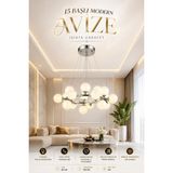 Elvora Home Modern (Premium) 15'li Sarkıt Avizesi Krom Gövde Küre Salon Mutfak Avizesi Modelleri 15XG9 Duyulu - Ampül Hediyeli - Gümüş - Beyaz