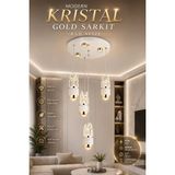 Elvora Home Modern (Premium) 4'lü Kristal Ledli 49W 3000K Gold Detaylı Beyaz Sarkıt Avize Lüks Tasarım Salon Oturma Odası Avizesi Modelleri - Altın - Beyaz