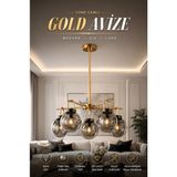 Elvora Home Modern (Premium) 5'li Füme Camlı Gold Kasalı Sarkıt Avize Salon Mutfak Yatak Odası Avizesi Modelleri 5XE14 Duyulu - Altın - Füme