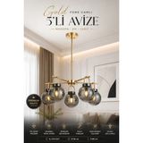 Elvora Home Modern (Premium) Gold Füme Camlı 5'li Salon Mutfak Yemek Odası Dekoratif Sarkıt Avize 5XE14 Duyulu Salon Yemek Odası Mutfak Oturma Odası Avizesi Modelleri