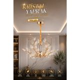 Elvora Home Modern (Premium) Kristal Yaprak Detaylı Gold Ledli 28W Dekoratif Sarkıt Avize Salon Mutfak Oturma Odası Avizesi Modelleri - Altın