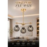 Elvora Home Modern (Premium) Lüks 3'lü Avize Gold Füme Camlı Modern Salon Mutfak Yatak Odası Avizesi Modelleri 3XE14 Duyulu - Altın - Füme
