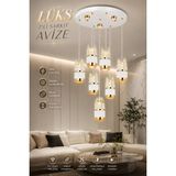 Elvora Home Modern (Premium) Lüks 7'li Kristal Cam Sarkıt Ledli 79W 3000K Avize Gold Beyaz Gövdeli Salon Oturma Odası Avizesi Modelleri - Beyaz - Altın