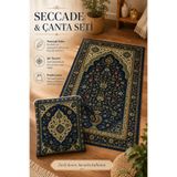 ELVORAN JOY Seccade & Çanta Seti 70x125 cm – Raşel Kumaş, Canlı Baskılı, Fermuarlı Taşıma Çantalı Lacivert Desenli Namazlık