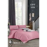 Ely Parker Kolay Ütü 180X200 Çift Kişilik Nevresim Takımı (Gri Lastikli Çarşaf+Yorgan Kılıfı+Y.k) Pembe - 180 x 200 cm - Pembe - Gri