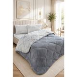 Ely Parker Renkli Desenli Battal Boy Yorgan Peluş Çift Taraflı Yastık Kılıflı (Çarşafsız) - 215 x 235 cm - Gri-Beyaz