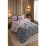 Ely Parker Renkli Desenli Battal Boy Yorgan Peluş Çift Taraflı Yastık Kılıflı (Çarşafsız) - 215 x 235 cm - Gri-Pudra