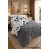 Ely Parker Renkli Desenli Çift Kişilik Yorgan Peluş Çift Taraflı Yastık Kılıflı (Çarşafsız) - 195 x 215 cm - Gri-Mavi
