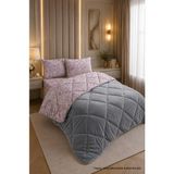 Ely Parker Renkli Desenli Çift Kişilik Yorgan Peluş Çift Taraflı Yastık Kılıflı (Çarşafsız) - 195 x 215 cm - Gri-Pudra