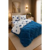 Ely Parker Renkli Desenli Çift Kişilik Yorgan Peluş Çift Taraflı Yastık Kılıflı (Çarşafsız) - 195 x 215 cm - Mavi-Lacivert