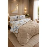 Ely Parker Renkli Desenli Çift Kişilik Yorgan Peluş Çift Taraflı Yastık Kılıflı (Çarşafsız) - 195 x 215 cm - Sarı - Bej