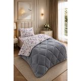 Ely Parker Renkli Desenli Tek Kişilik Yorgan Peluş Çift Taraflı Yastık Kılıflı (Çarşafsız) - 155 x 215 cm - Gri-Beyaz