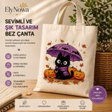 ElyNowa Halloween Temalı Siyah Kedi Baskılı Bez Çanta – Sevimli Balkabağı ve Şemsiye Tasarımlı Pamuklu Omuz Çantası - Bej