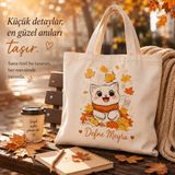ElyNowa Kişiye Özel Isim Baskılı Sevimli Kedi Bez Çanta – Sonbahar Yaprakları Temalı Pamuklu Omuz Çantası - Bej