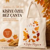ElyNowa Kişiye Özel Isim Baskılı Sonbahar Kedi Bez Çanta – Yaprak Desenli Sevimli Kedi Tasarımlı Pamuklu Omuz Çantası - Bej