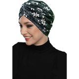 ELYSIANfidan Midnight Blossom Desenli Çapraz ve Bant Detaylı Astarlı Hazır Türban Tesettür Havuz Bonesi - Siyah - Kırık Beyaz - Standart