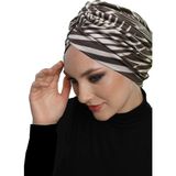 ELYSIANfidan Zebra Luxe Desenli Çapraz ve Bant Detaylı Astarlı Hazır Türban Tesettür Havuz Bonesi - 0019 Bej - Standart