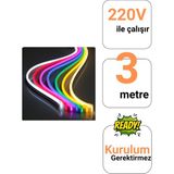 Ema Dükkan 220V Rgb Neon LED Set 3 Metre | Kumandalı Renk Değiştiren Şerit | IP65 Su Geçirmez Dekoratif Aydınlatma - Çok Renkli