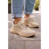 Emax Kadın Bej Altın Simli Kalın Taban Sneaker Günlük Rahat Spor Ayakkabı