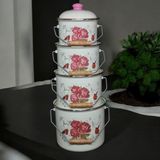 Emaye Bakraç Yoğurt Bakliyat Saklama Seti 16-18-20-22 cm 2 Lt 3 Lt 4 Lt 5 Lt Desenli - Pembe Gül