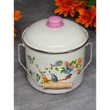 Emaye Bakraç Yoğurt Tenceresi Bakliyat Saklama Tenceresi Patates Soğan Kovası 20 cm 5,50 Litre - Kuş Desenli - 20cm