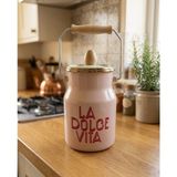 Emaye Burada Otantik Emaye Bakraç 2 Litre Ahşap Saplı Kapaklı Çok Amaçlı Saklama Kabı - Pembe
