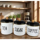 Emaye Çay Şeker Kahve Kavanoz Seti 3'lü - Vintage Emaye Görünümlü Mutfak Saklama Kabı Seti - Beyaz