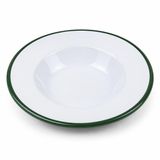 Emaye Makarna Tabağı, Beyaz Yeşil Kenarlı, Çelik Üzeri Emaye Kaplama, 25 cm, Doğal Malzeme, Kolay Temizlenir
